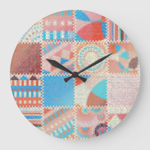 Grande Horloge Ronde Patchwork de toile brute : Motif Vintage texturé