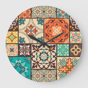Grande Horloge Ronde Patchwork islamique coloré : Carrelage Vintage.