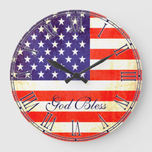 Grande Horloge Ronde Patriotic American flag god bless wall clock
