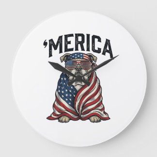 Grande Horloge Ronde Patriotic Bulldog 'Merica Vintage Vector Shirt Des