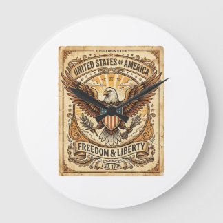 Grande Horloge Ronde Patriotic Vintage Bald Eagle Distressed