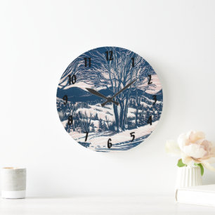 Grande Horloge Ronde Paysage de montagne enneigée de Noël vintage