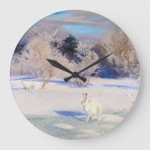 Grande Horloge Ronde Paysage d'hiver avec un lièvre blanc par B. Liljef