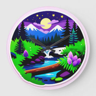 Grande Horloge Ronde Paysage forestier coloré avec ruisseau éclairé par