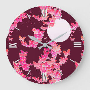 Grande Horloge Ronde Paysage lunaire avec papillons - rose, bordeaux