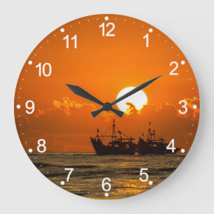 Grande Horloge Ronde Paysage naturel Coucher de soleil avec bateau-6846