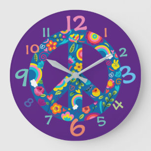 Grande Horloge Ronde Peace Sign with Flowers Wall Clock