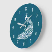 Grande Horloge Ronde Peacock blanc sur Turquoise Bold Design Art déco é (Angle)