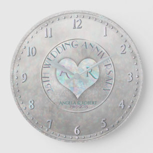 Grande Horloge Ronde Pearl Silver Heart Monogramme Mariage Anniversaire
