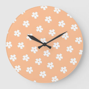 Grande Horloge Ronde Pêche Whimsical & Blanc Floral Retro, Gaie