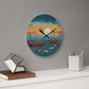 Grande Horloge Ronde Pêcher Le Catch De L'Art Populaire Du Jour,