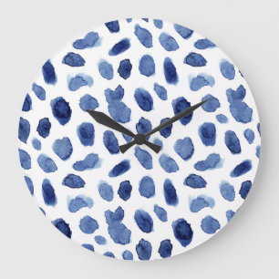 Grande Horloge Ronde Peint À La Main, Aquarelle Bleue Taches.