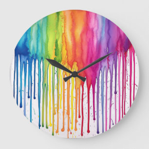 Grande Horloge Ronde Peint Arc-en-ciel Aquarelle Déchets de peinture Ab