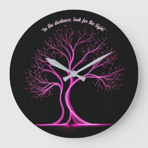 Grande Horloge Ronde Peinture claire en forme d'arbre rose sur le noir