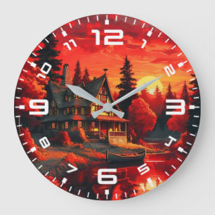 Grande Horloge Ronde Peinture coucher de soleil avec chalet et lac-6663