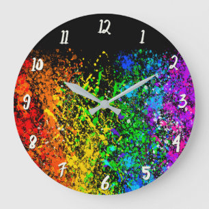 Grande Horloge Ronde Peinture couleur arc-en-ciel noir éclaboussure col