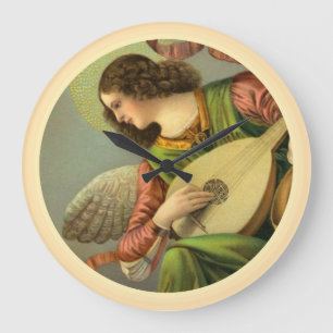 Grande Horloge Ronde Peinture d'ange avec mandoline