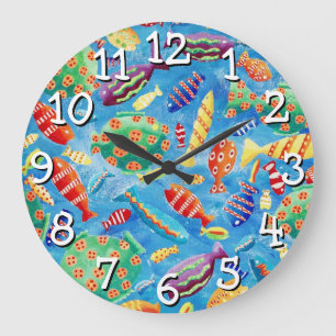 Grande Horloge Ronde Peinture d'aquarelle colorée à poissons tropicaux