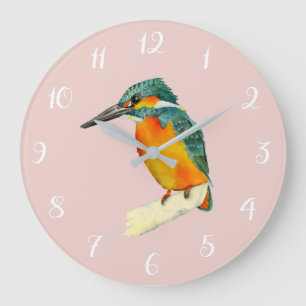 Grande Horloge Ronde Peinture d'aquarelle d'oiseau de martin-pêcheur