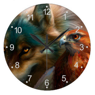 Grande Horloge Ronde Peinture de loup et d'aigle