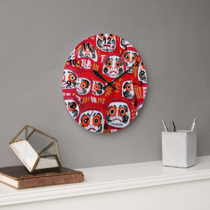 Grande Horloge Ronde Peinture de poupées Daruma japonaises par Alfred F