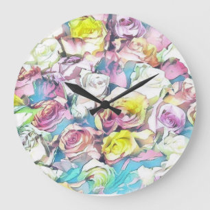 Grande Horloge Ronde Peinture de roses roses, jaunes et blanches