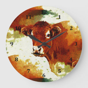 Grande Horloge Ronde Peinture de vache rouge