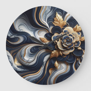 Grande Horloge Ronde Peinture en marbre bleu marine et or Abstrait