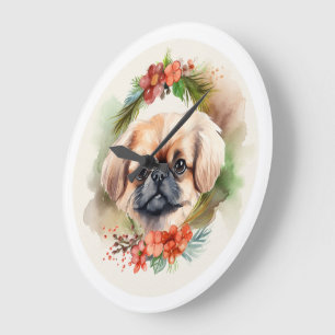 Grande Horloge Ronde Pekingese Christmas Wreath Festive Pup
