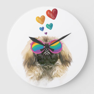 Grande Horloge Ronde Pékinois avec coeurs Saint-Valentin