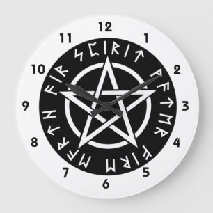 Grande Horloge Ronde Pentagone étoilé runique noir de Wiccan