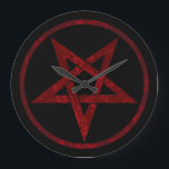 Grande Horloge Ronde Pentagram Red Devil<br><div class="desc">Pentagramme rouge,  inversé,  texturé en cercle,  sur arrière - plan noir. Symbole occulte 666</div>