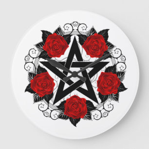 Grande Horloge Ronde Pentagramme aux roses rouges