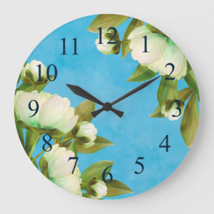 Grande Horloge Ronde Peonies blanches classiques Bouquet floral