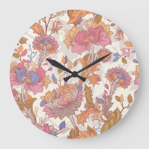Grande Horloge Ronde Peonies décoratives : motif floral coloré.