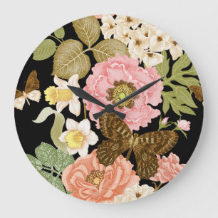 Grande Horloge Ronde Peonies Roses vintages : Motif Floral Noir