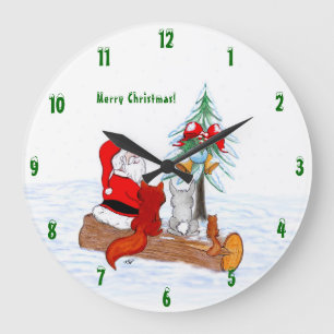 Grande Horloge Ronde Père Noël avec Renard de lapin et écureuil