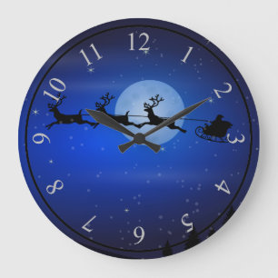 Grande Horloge Ronde Père Noël et ses rennes volant la nuit