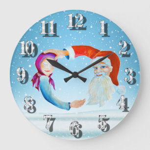 Grande Horloge Ronde Père Noël magique à l'aquarelle peinte à la main