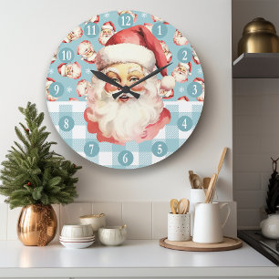 Grande Horloge Ronde Père Noël Rétro à Carreaux Bleus et Blancs de Noël