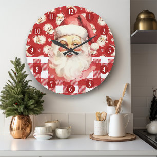 Grande Horloge Ronde Père Noël Rétro Rouge Et Blanc À Carreaux De Noël
