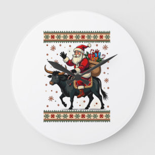 Grande Horloge Ronde Père Noël vintage chevauchant une vache des Highla