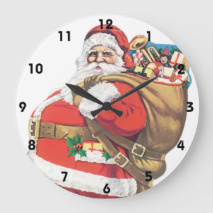 Grande Horloge Ronde Père Noël vintage, découpage de Noël victorien