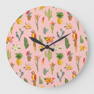 Grande Horloge Ronde Perroquet tropical, Motif Vintage Cactus.