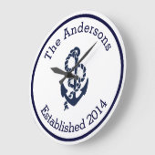 Grande Horloge Ronde Personalized Family Nom Nautical Navy Anchor (Angle)