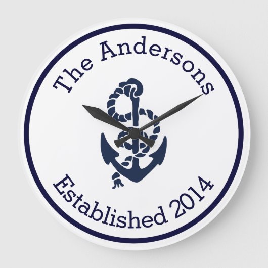Grande Horloge Ronde Personalized Family Nom Nautical Navy Anchor (Recto)