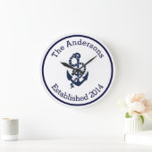 Grande Horloge Ronde Personalized Family Nom Nautical Navy Anchor (Maison)