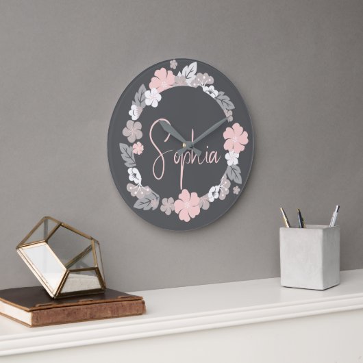Grande Horloge Ronde Personalized Floral Name Pink (Bureau)
