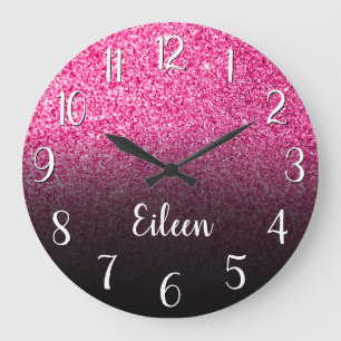 Grande Horloge Ronde Personalized Girly Hot Pink Glitter Black Ombre
