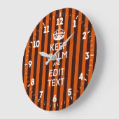 Grande Horloge Ronde Personalized Keep Calm Your Text on Orange Stripes (Angle)